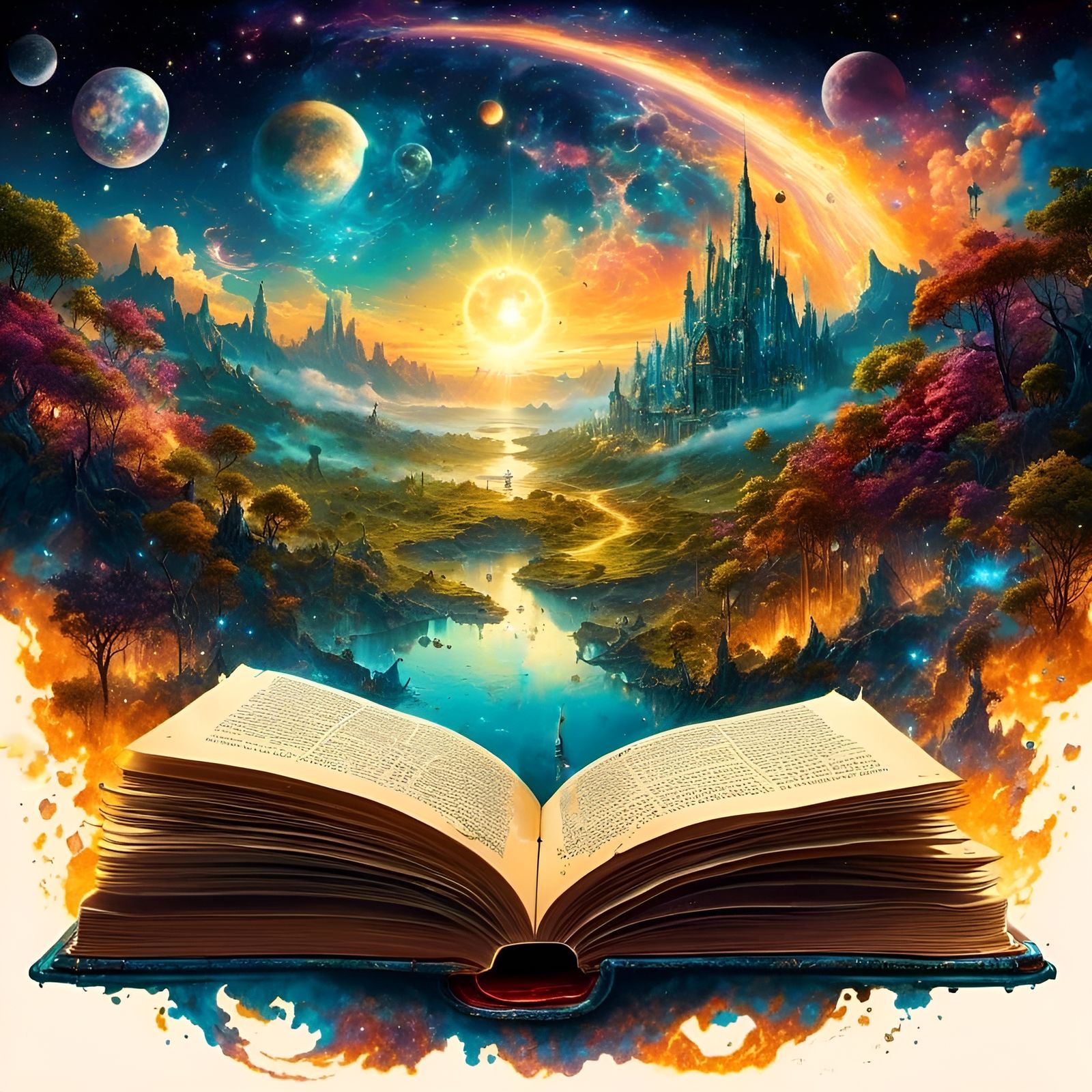 Fairytale World Emerging from Book, Collage Art