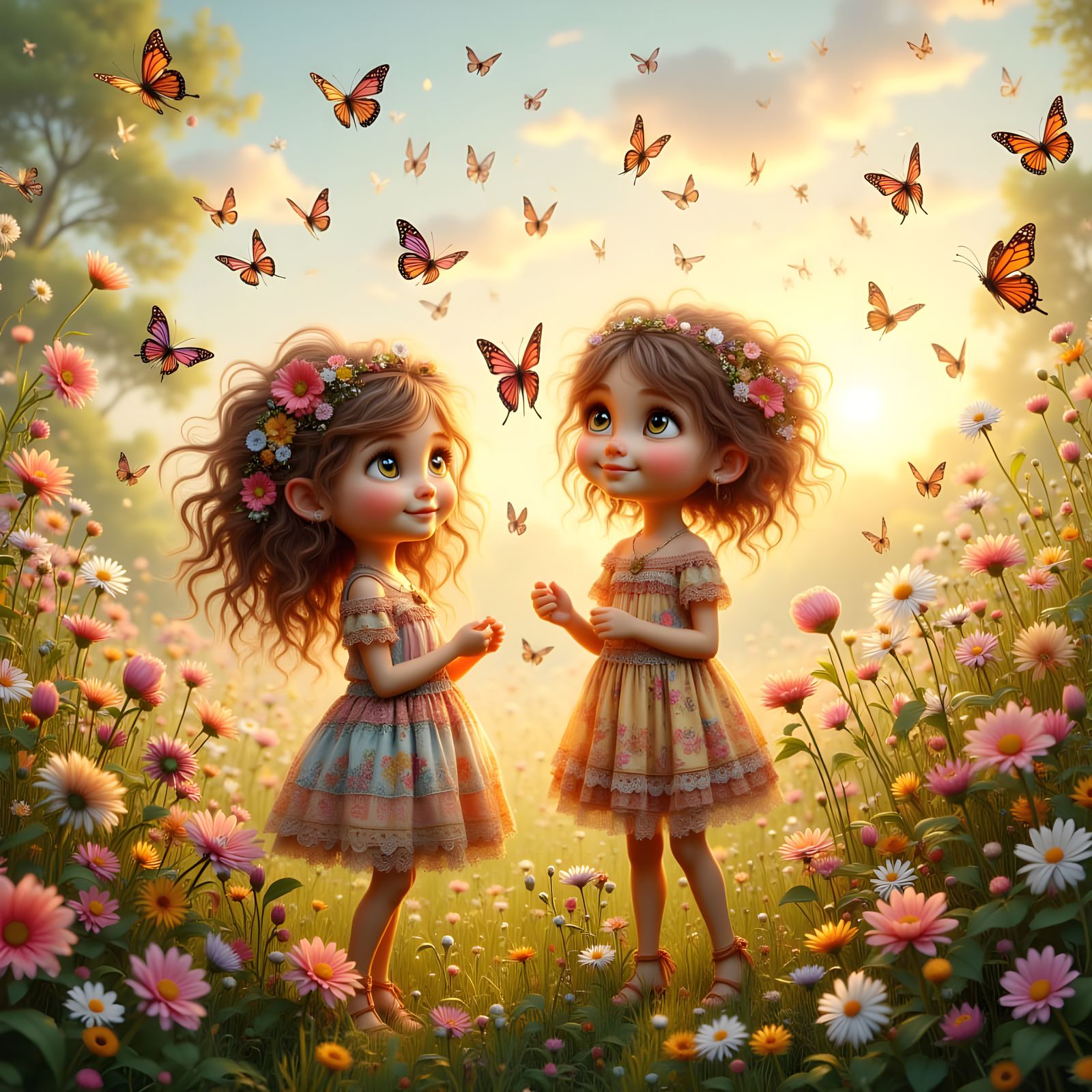 Two Girls in Floral Dresses with Butterflies in Flower Field