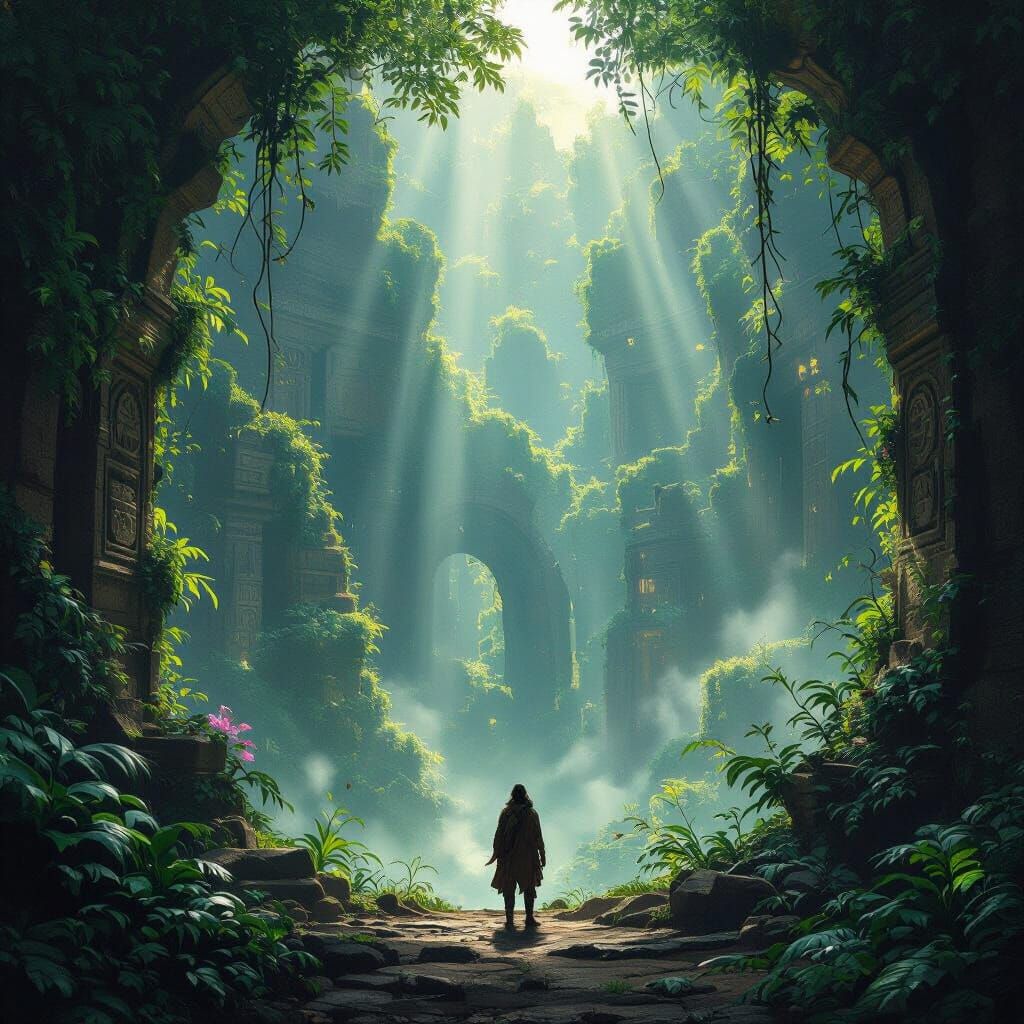 Explorer Overlooks Ancient Ruin with Luminescent Flora