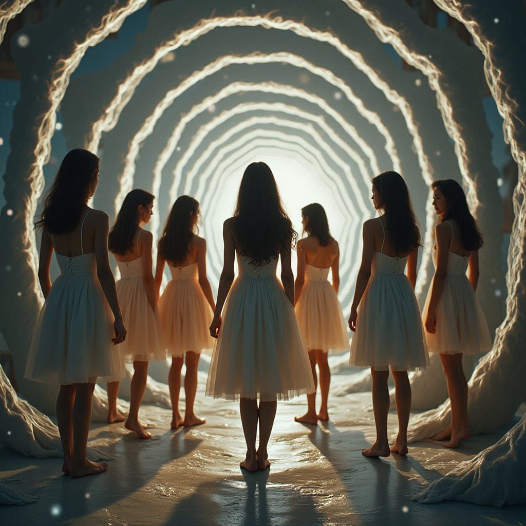 Six Women Entranced by Hypnotic Spiral Background