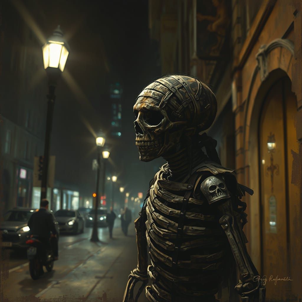 Egyptian Mummy Strolls through a Futuristic Cityscape