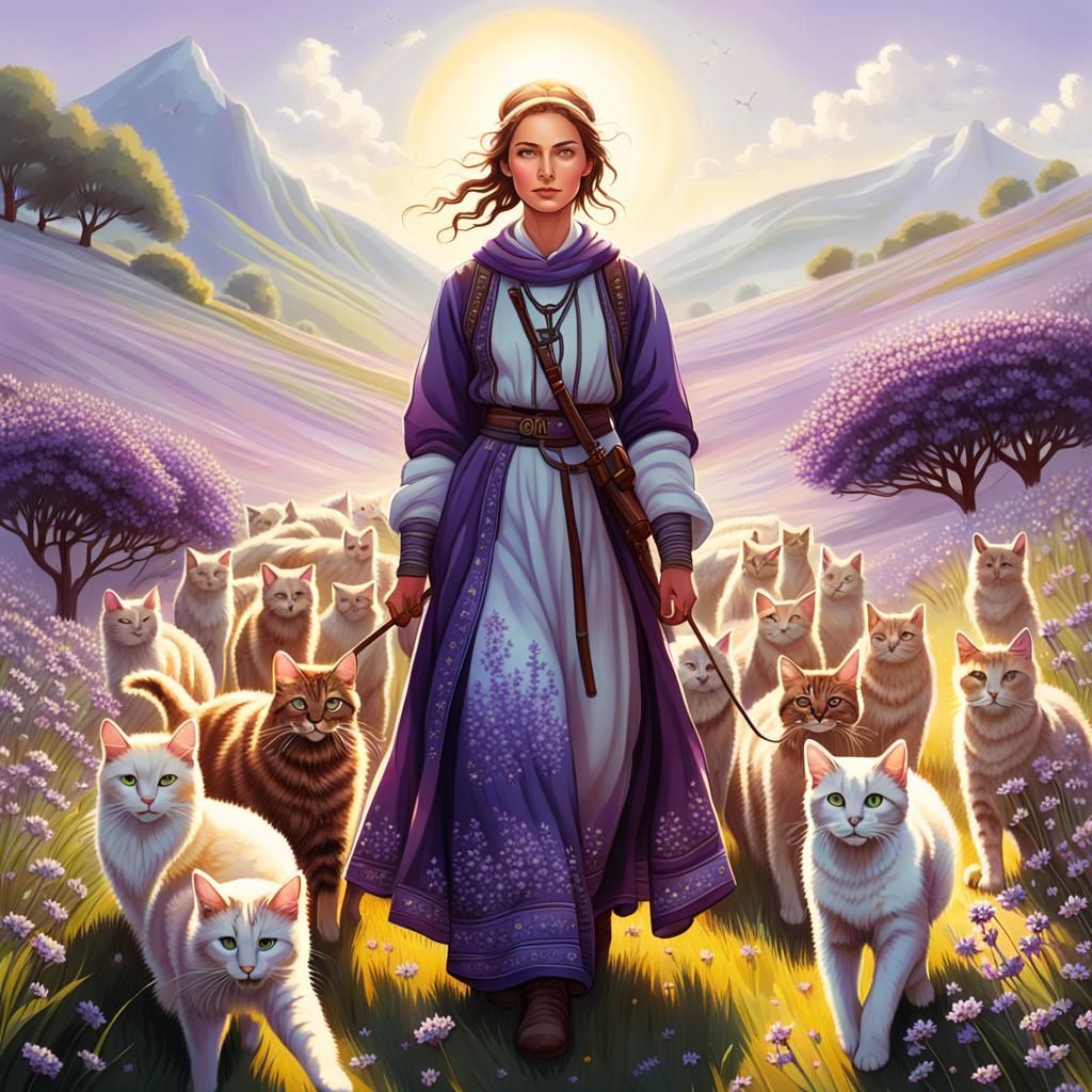 Cat Shepherd in Sunny Meadow with Glowing Light