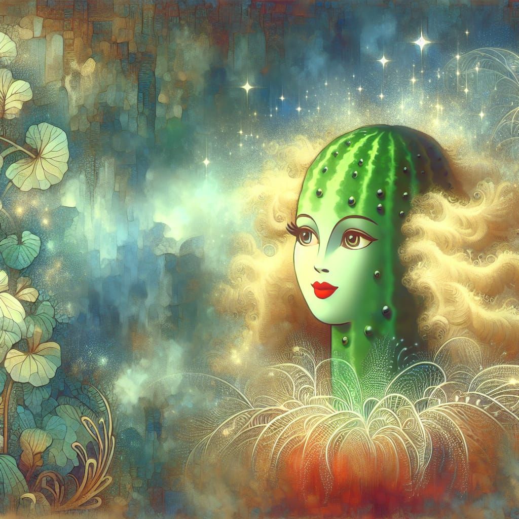 Ethereal Cucumber Girl in Whimsical Landscape
