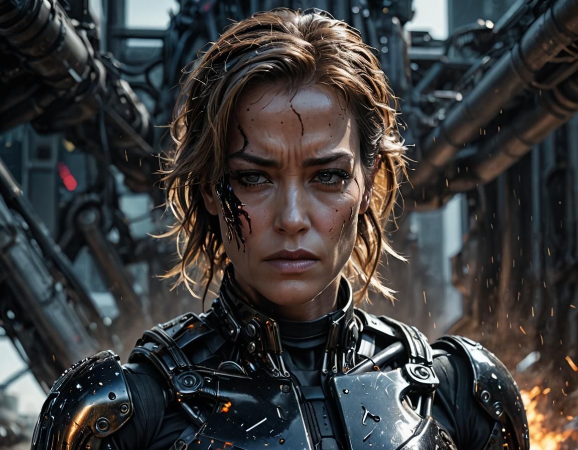 Terminator made of liquid mercury morphing into Sarah Connor