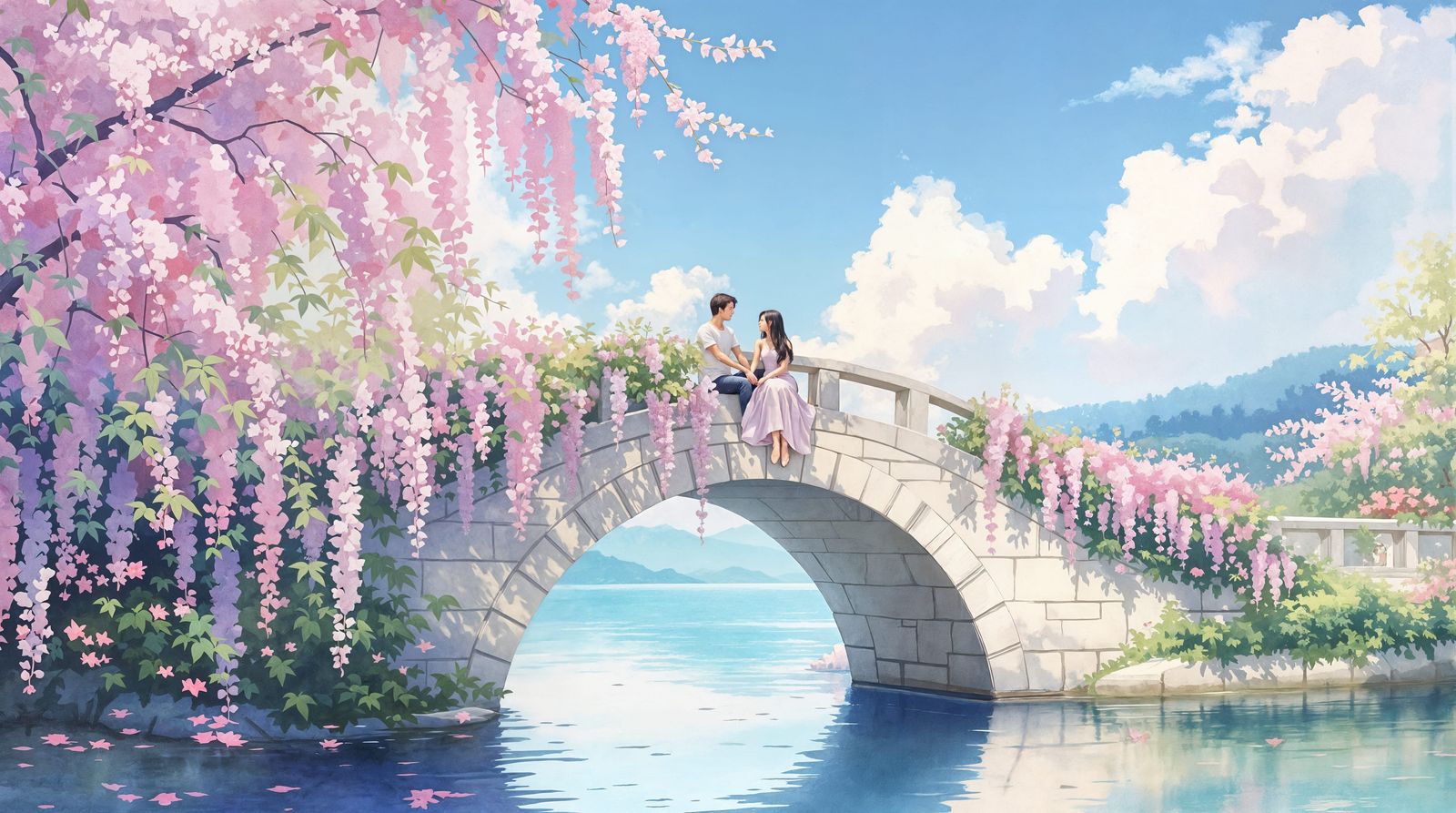 Romantic Couple Embraced by Wisteria Blooms