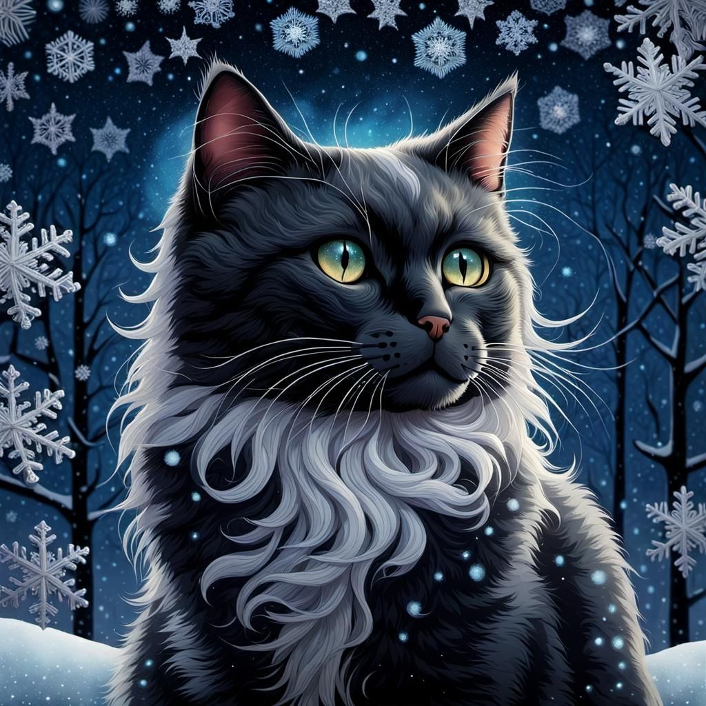 Cat Observes Swirling Snowflakes at Night