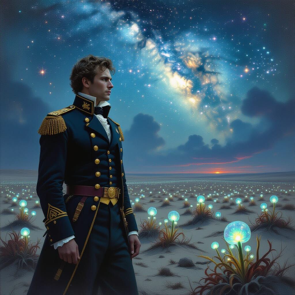 Lone Officer Under Bioluminescent Sky, Oil Painting