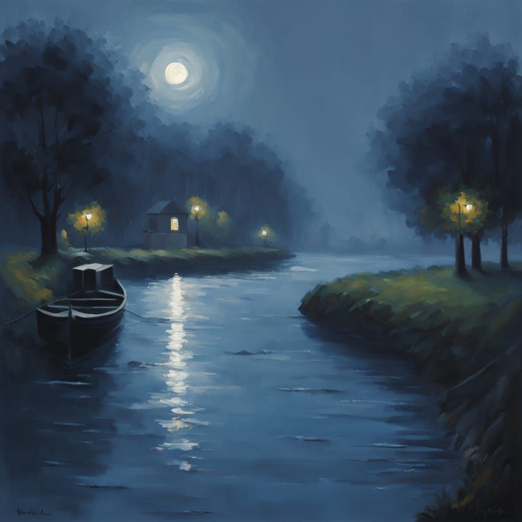 Neo-Impressionist Canal Village at Night Oil Painting