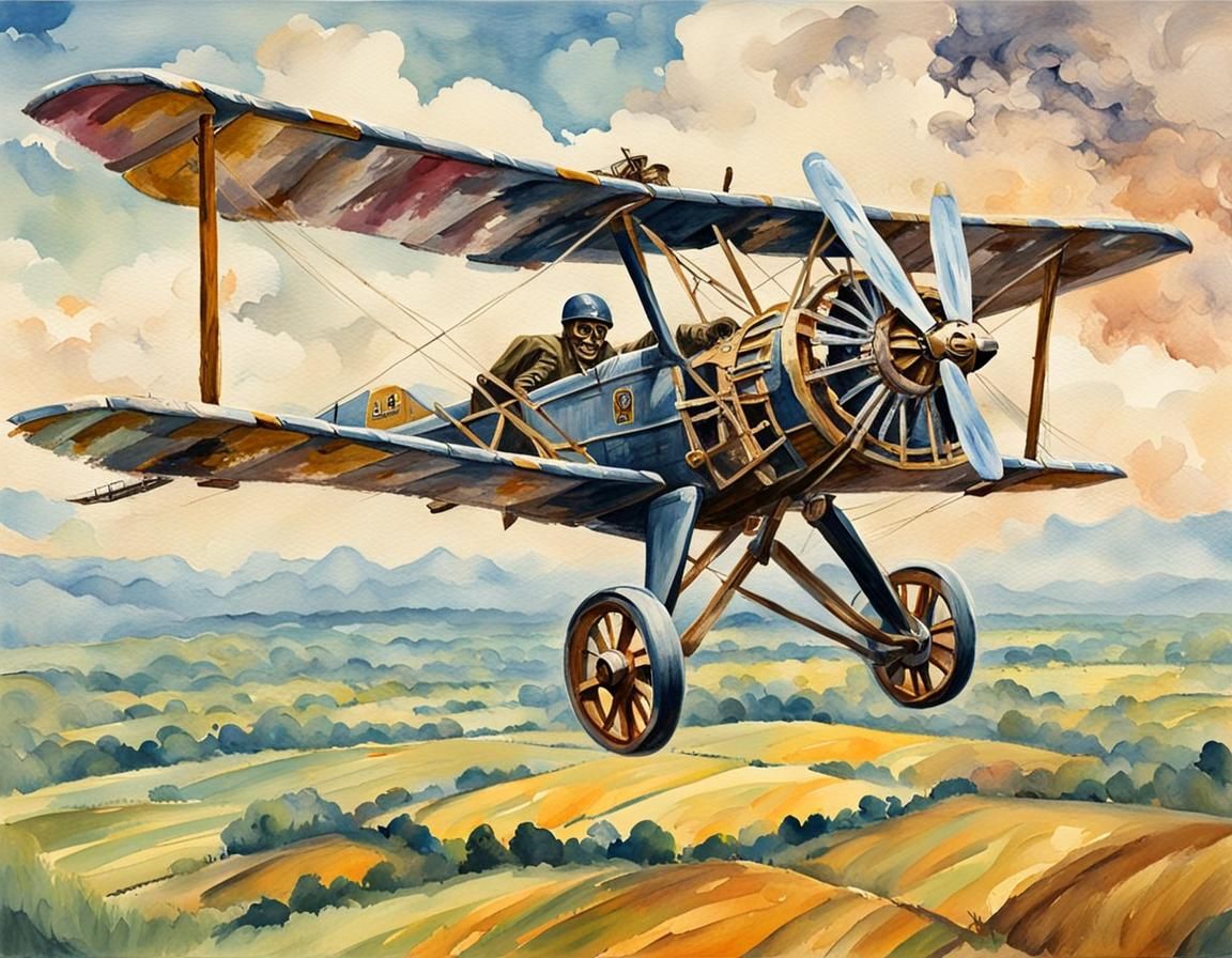 Skeleton Pilot in WWI Biplane: Impasto Gouache Style