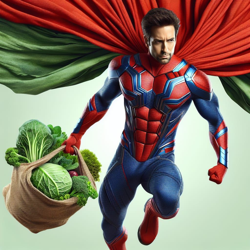 Superhero with Bag of Green Vegetables