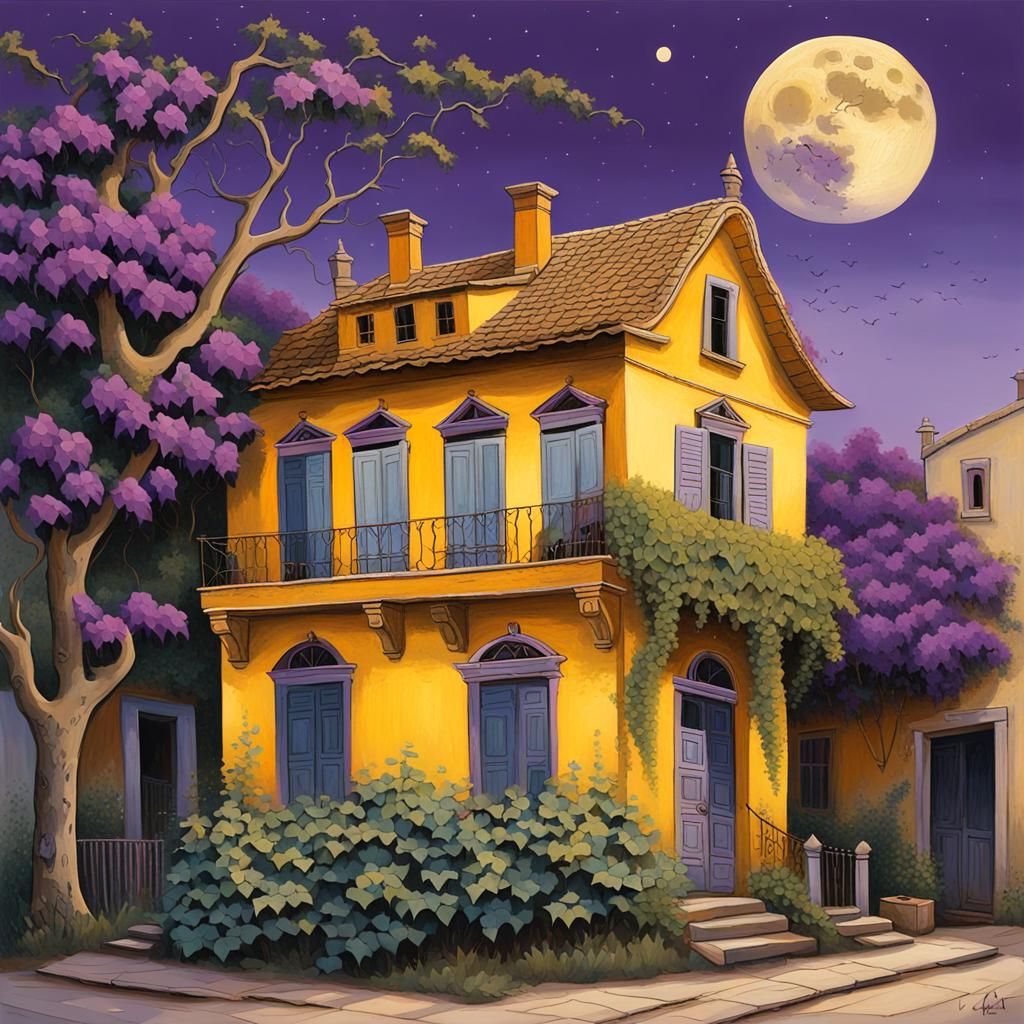 Yellow House in Naive Art Style at Dusk