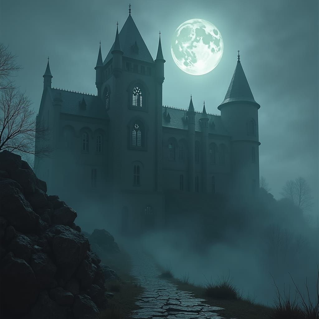 medieval gothic castle shrouded in fog and moonlight