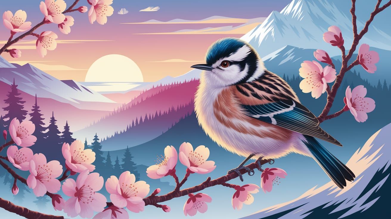 Fluffy Bird on Cherry Blossoms at Sunset