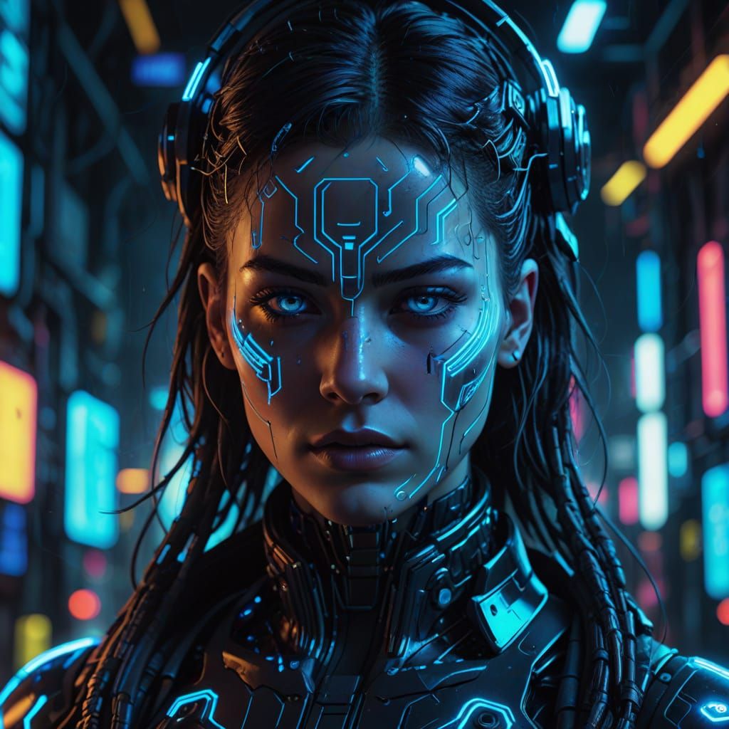 Cyberpunk Cyborg Woman Portrait in Neon Style