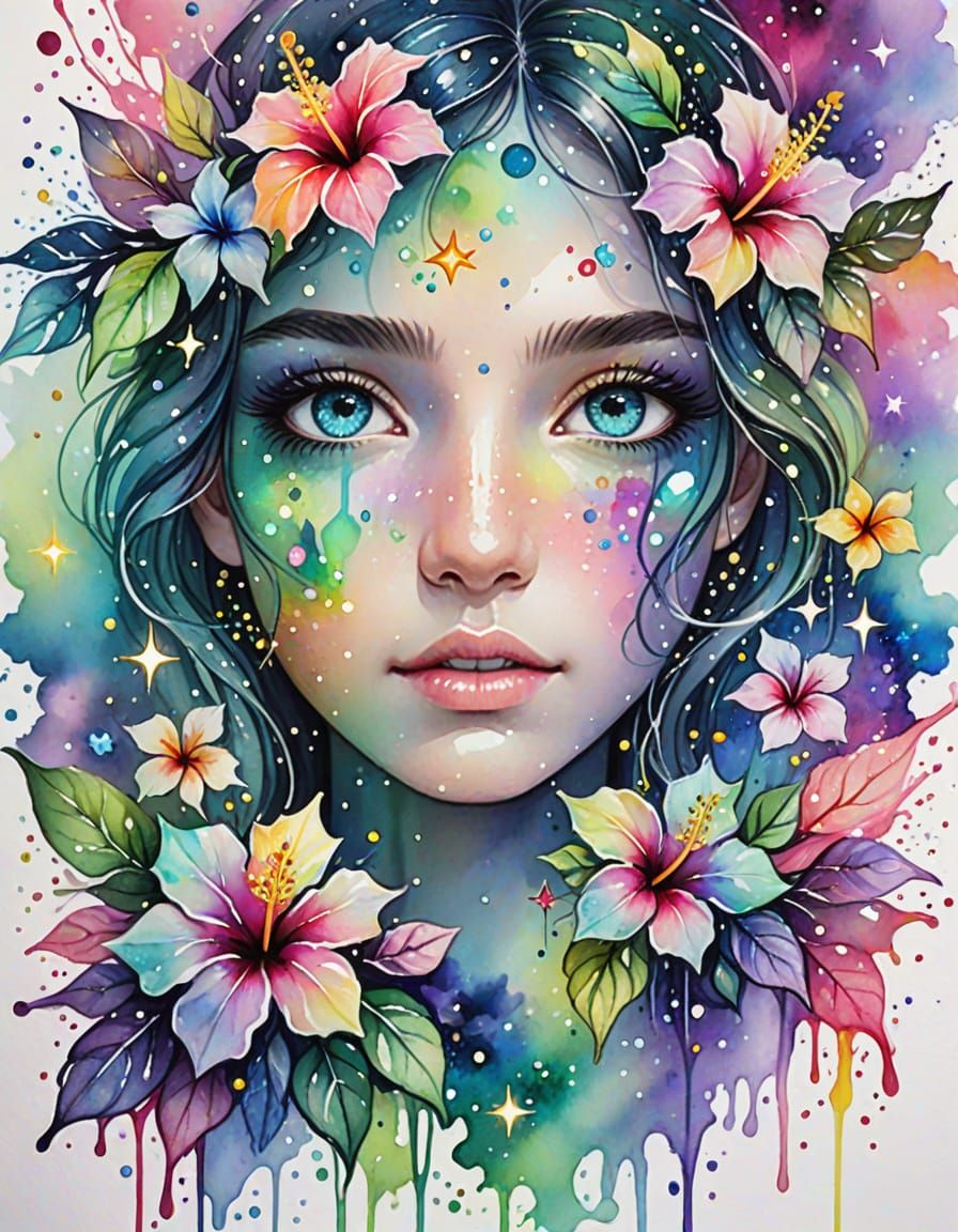 Opal Eyes in Watercolor Splash Art with Rainbow Stars