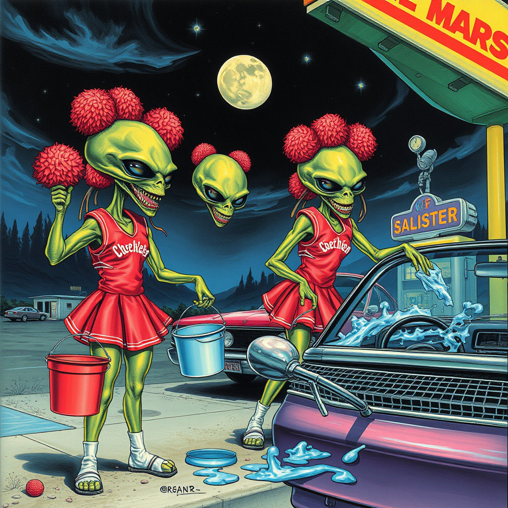 Grotesque Aliens Washing Cars in Surreal Style