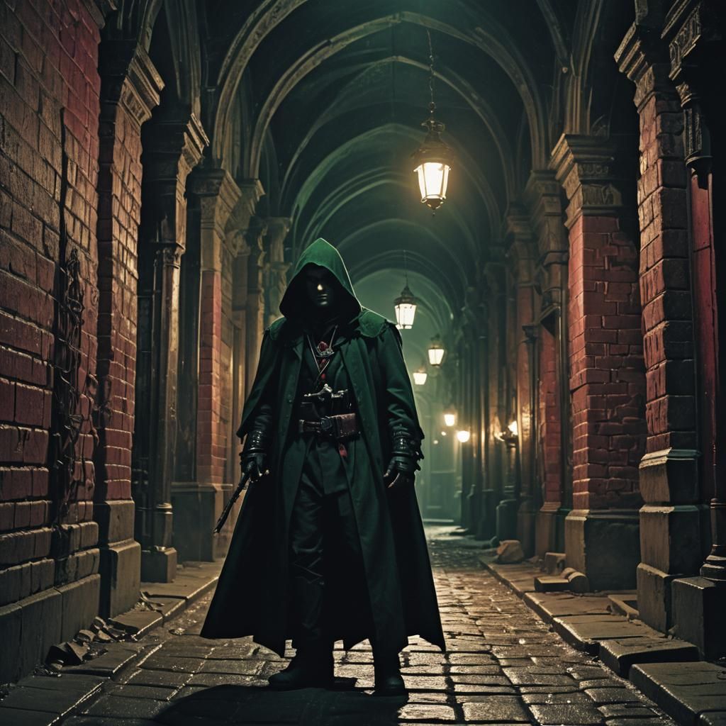 Gothic Victorian Assassin in a Dimly Lit Alleyway
