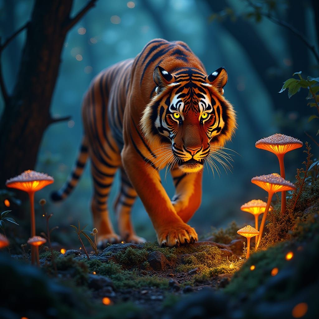 Fiery Tiger in Star-Dusted Nocturnal Forest