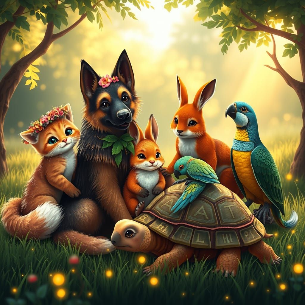Whimsical Gathering of Endearing Animals in a Lush Dreamlike...