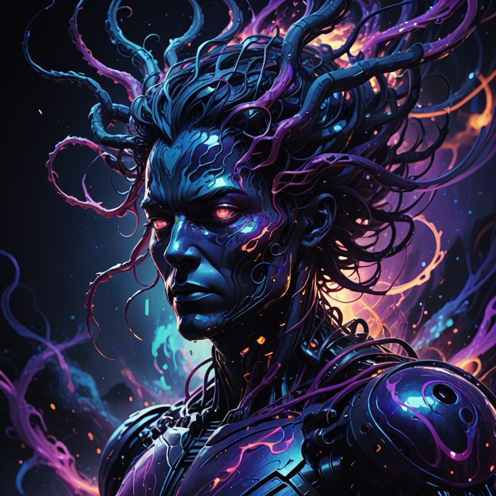 Surreal Cosmic Entity Unfolds from Darkness in Vibrant Digit...