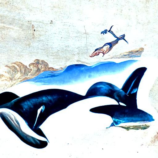 Killer whales are so clever swooping upwards out of the blue sea renaissance painting