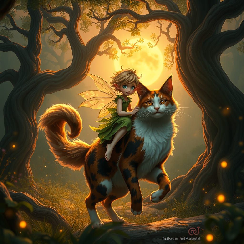 Whimsical Sprite Rides Majestic Calico Cat Through Enchanted...