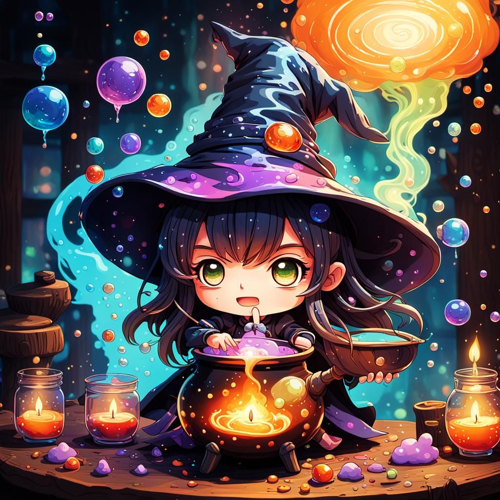 Chibi Witch Brewing Potion in Takashi Murakami Style