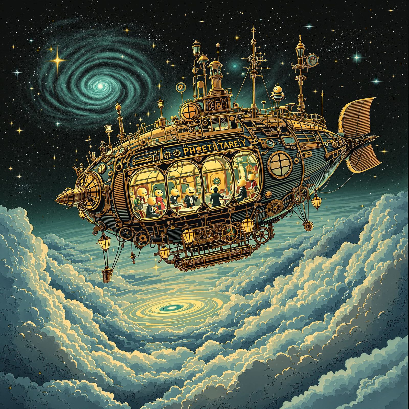 Steampunk Airship with Microbe Debaters in Nebula