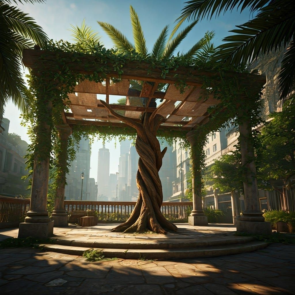 Majestic Sukkah in Urban Oasis with Natural Tree Trunk Pilla...