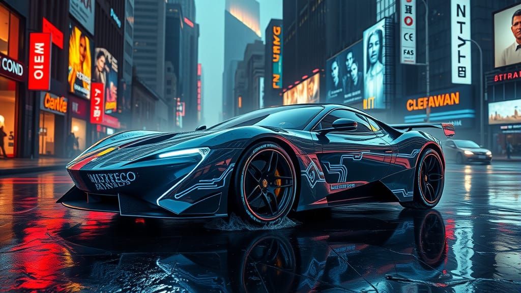 Electric Dreams Sports Car in Neon-Lit Cityscape