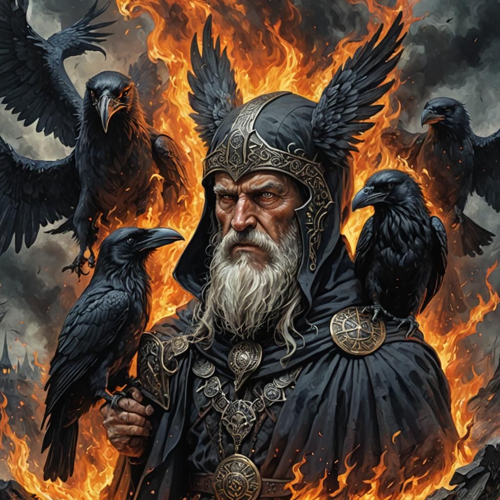 Odin in Hooded Cloak with Ravens and Fire