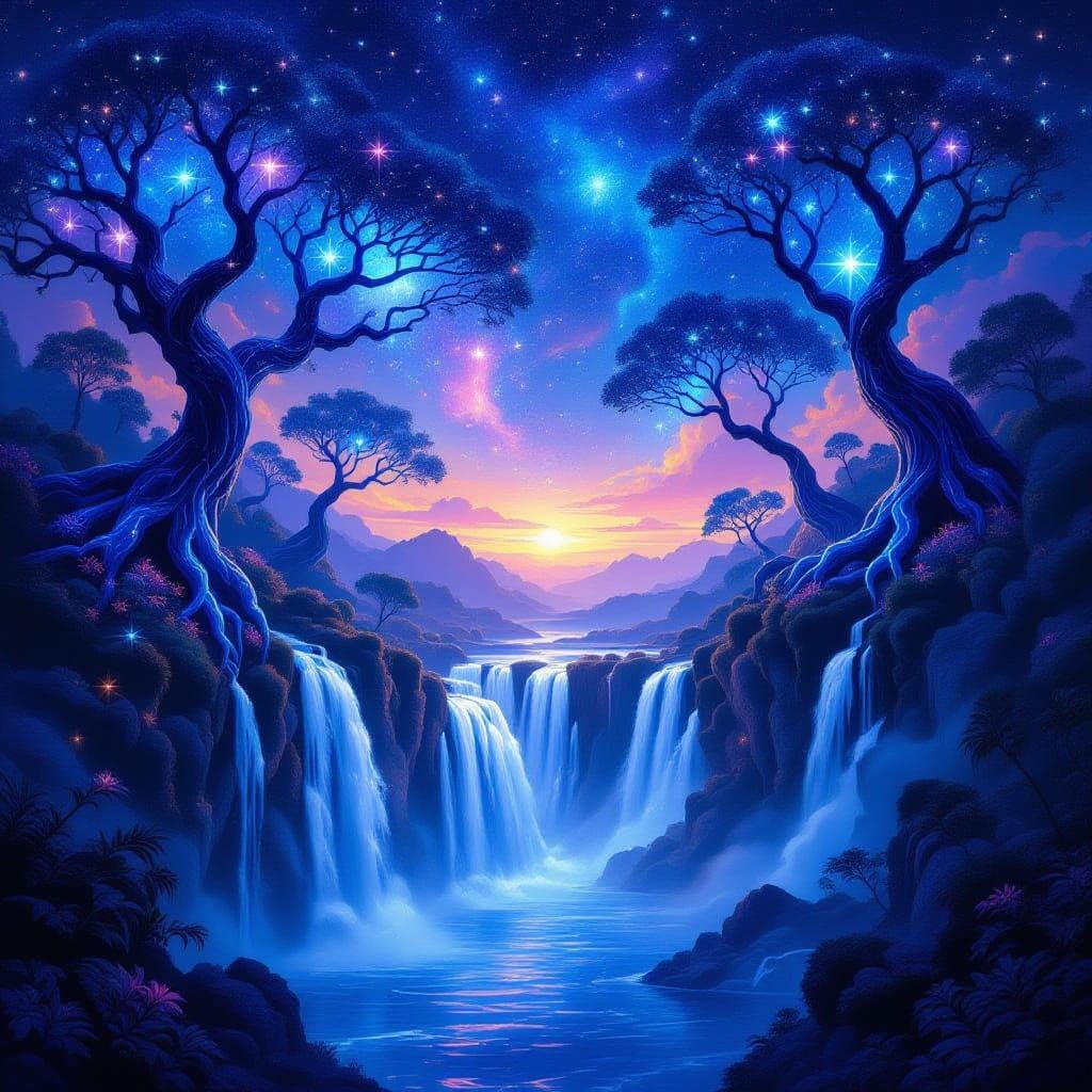 Cosmic Waterfall Into Alien Trees Dreamscape Painting