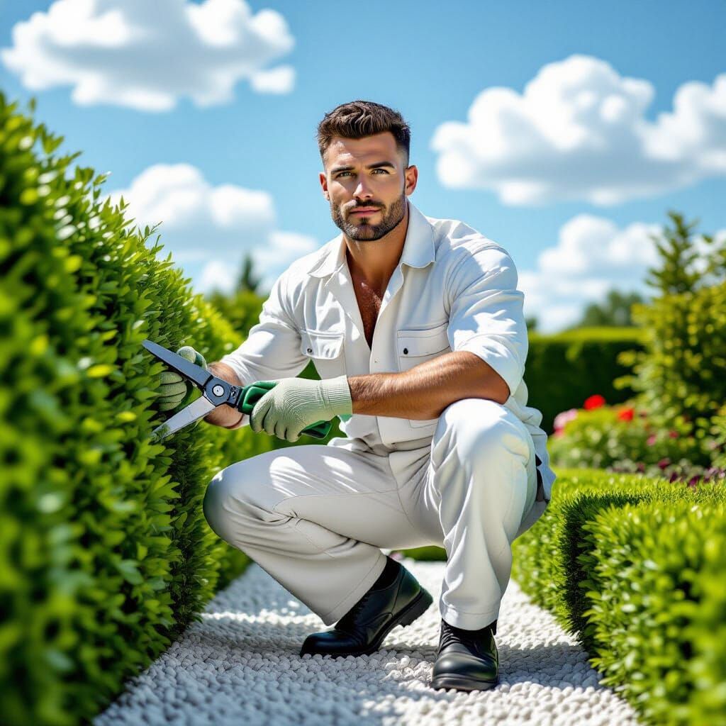 Hyperrealistic Gardener Pruning DC1000-Shaped Hedge