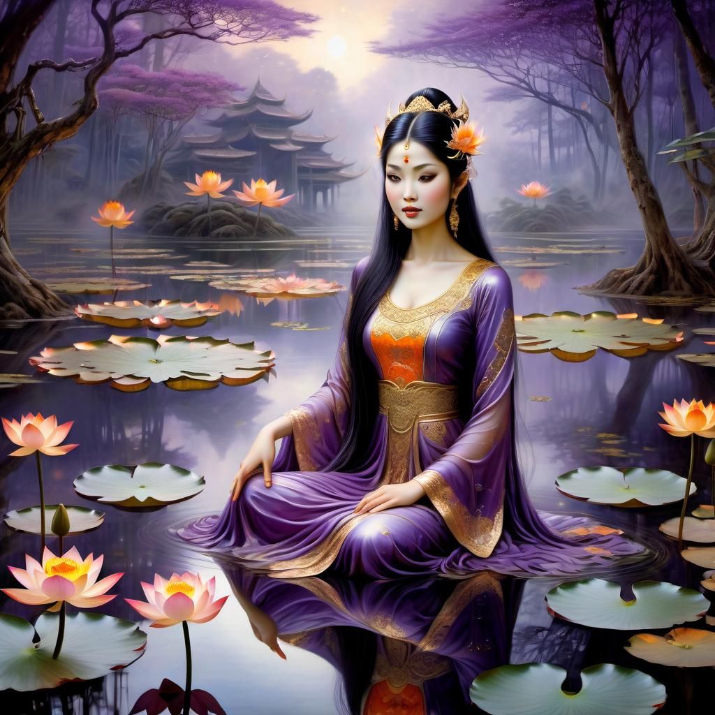 Mythical Goddess in Lotus Pond Reflection