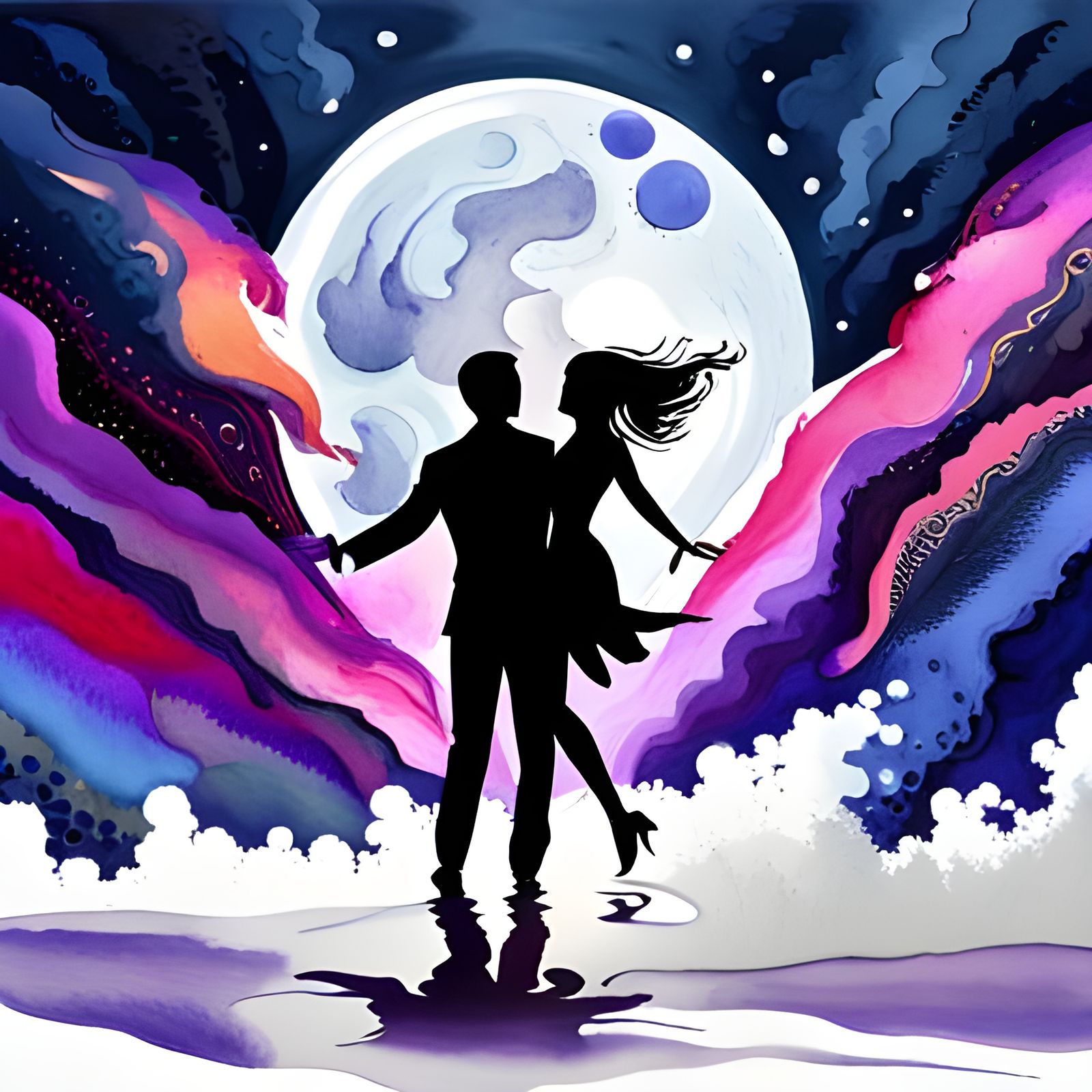Couple Dancing in Moonlight, Splash Art Watercolor