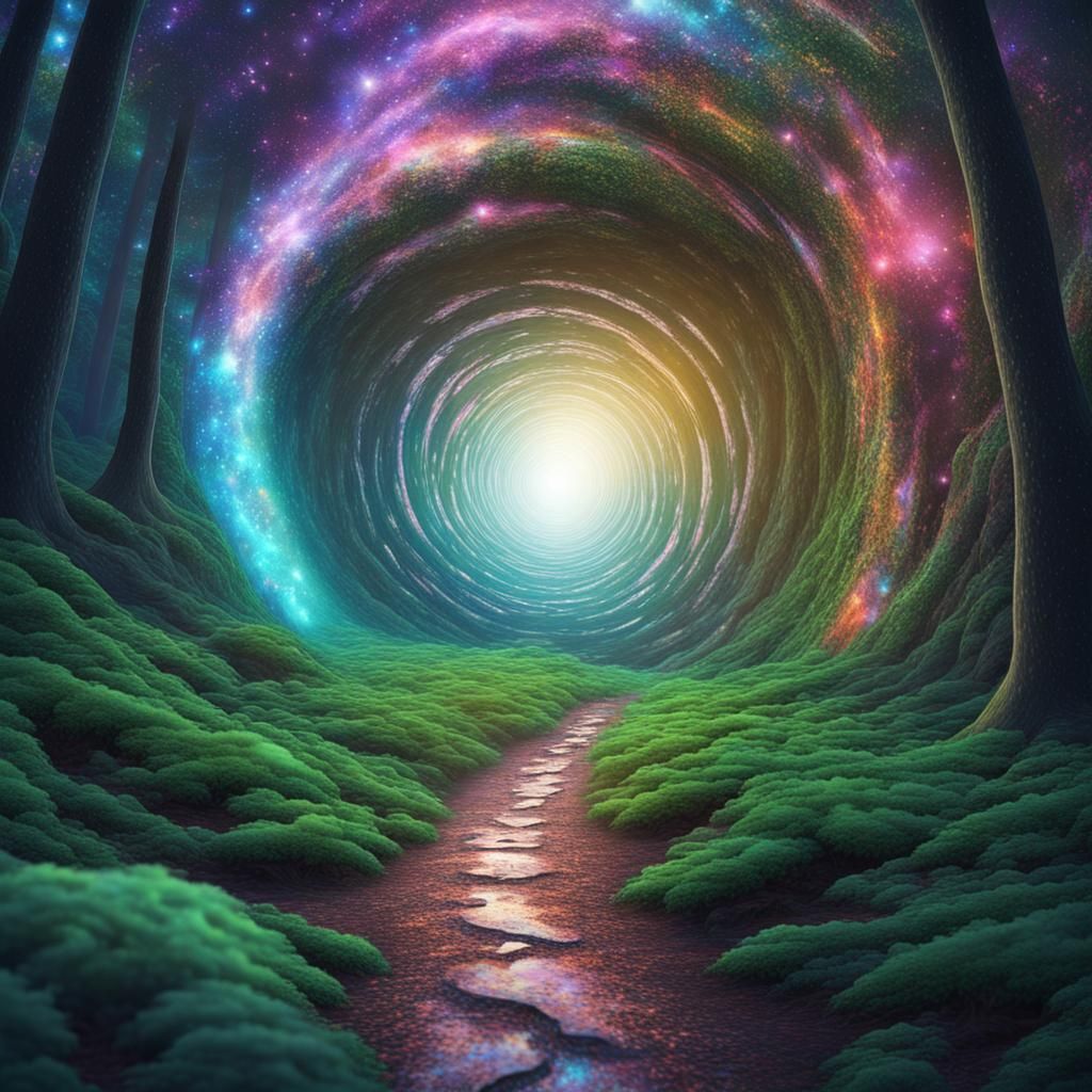 Spiral Galaxy Tunnel Through Forest in Visionary Art