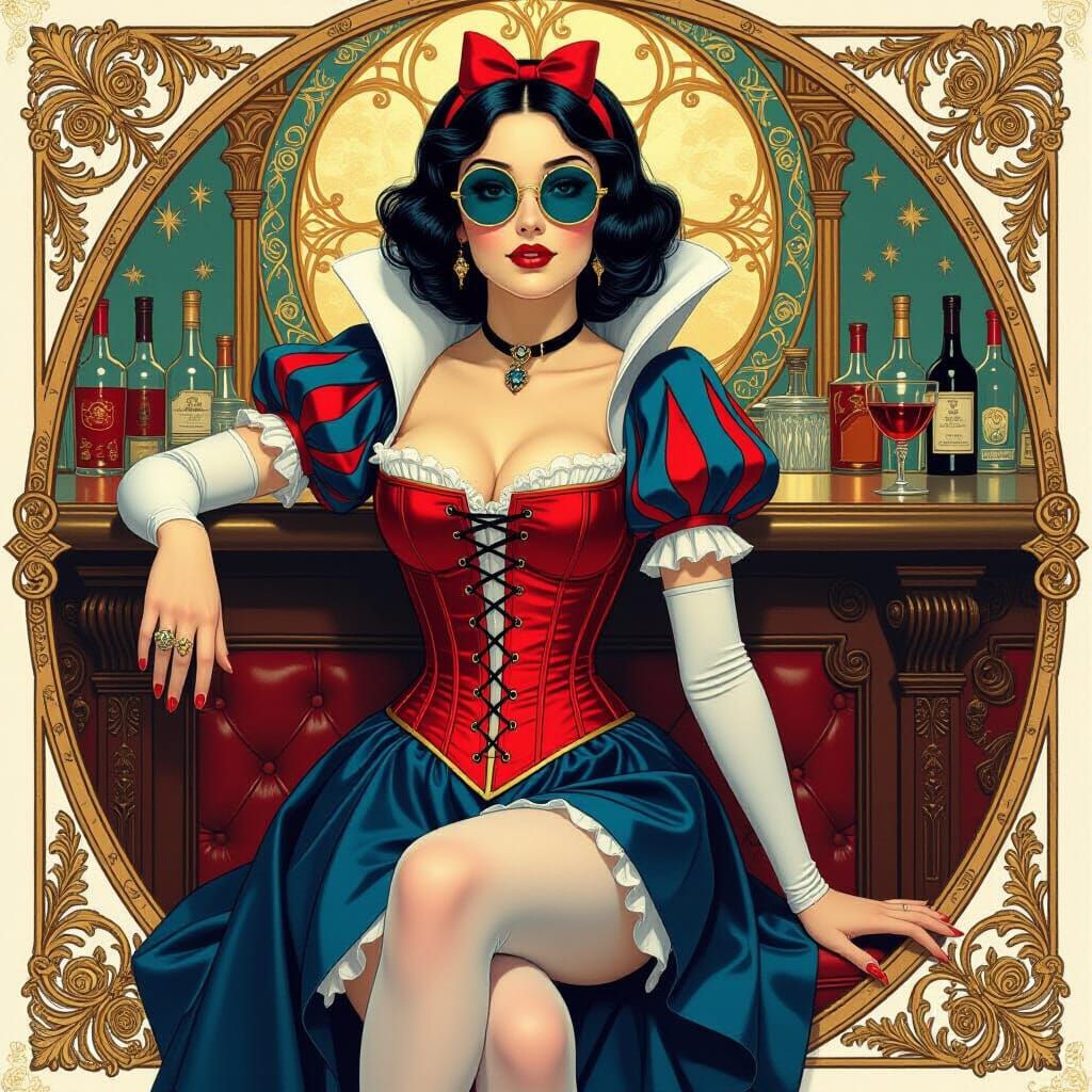 Snow White in Red Corset, Art Nouveau Style