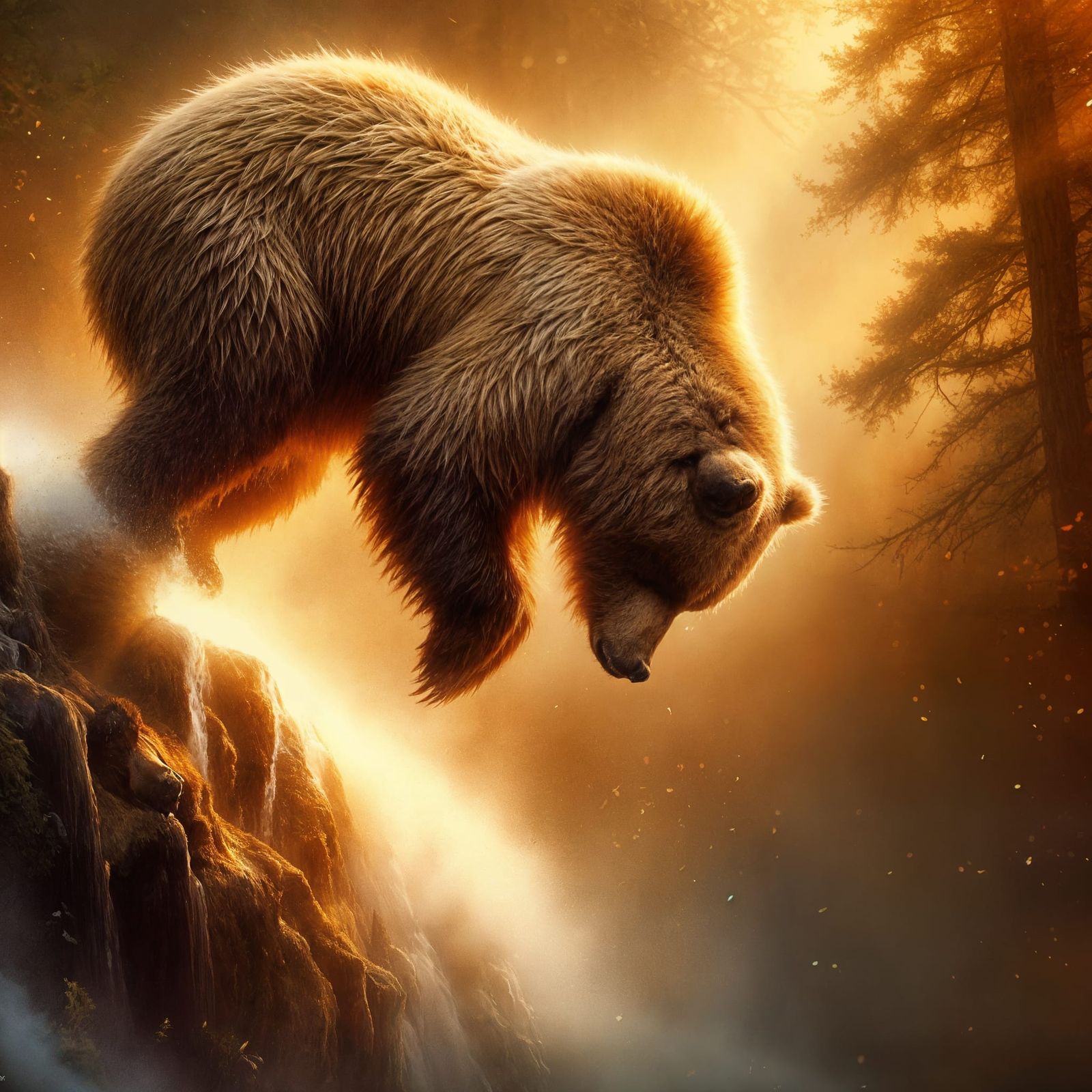Majestic Obese Grizzly Bear Falls Through Mist in Vibrant Im...