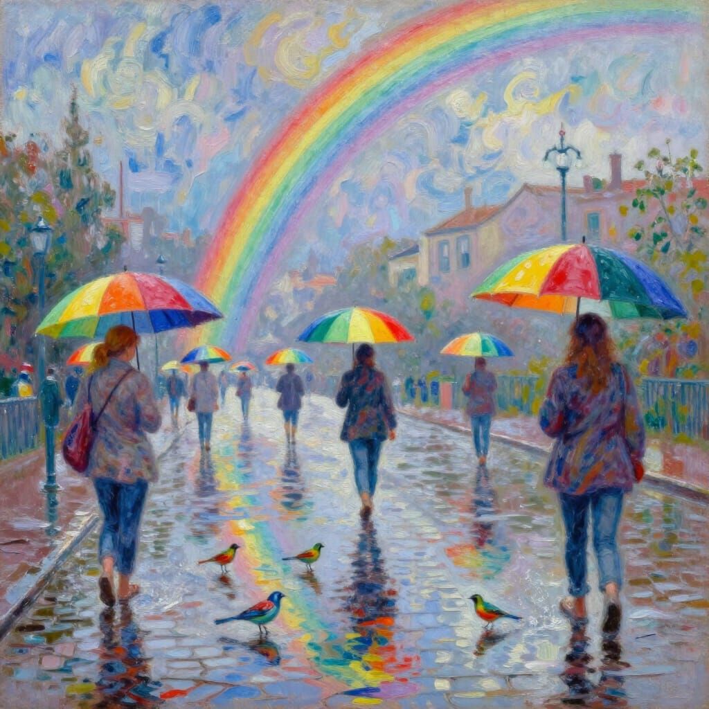 Vibrant Street Scene with Rainbow Umbrellas and Birds