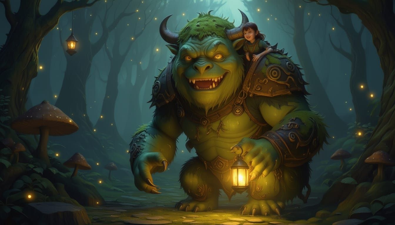 Moss Creature and Girl in Enchanted Forest