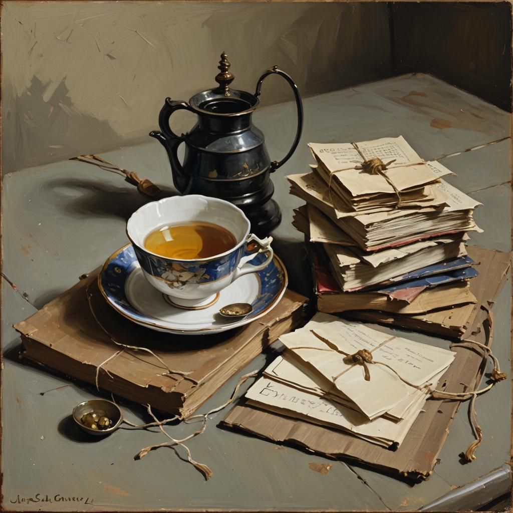 Vermeer-Style Still Life with Books and Teacup