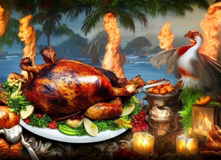 Thanksgiving Turkey at Luau in Dark Fantasy Style