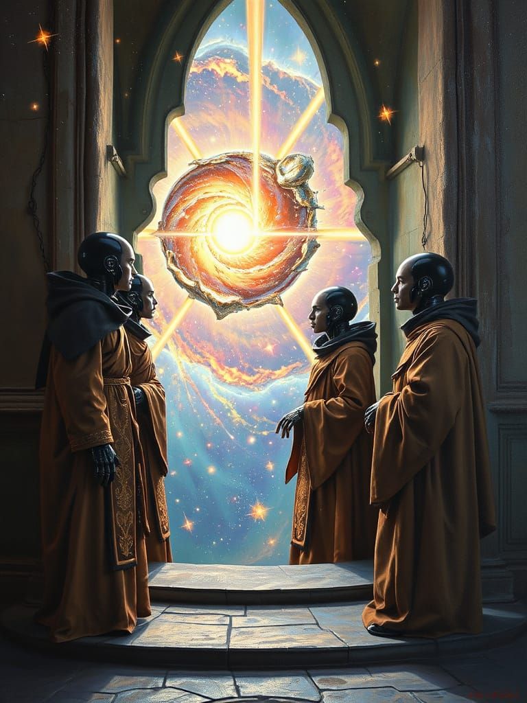 Cyborg Monks Gaze into Galaxy Portal: HDR Surrealism