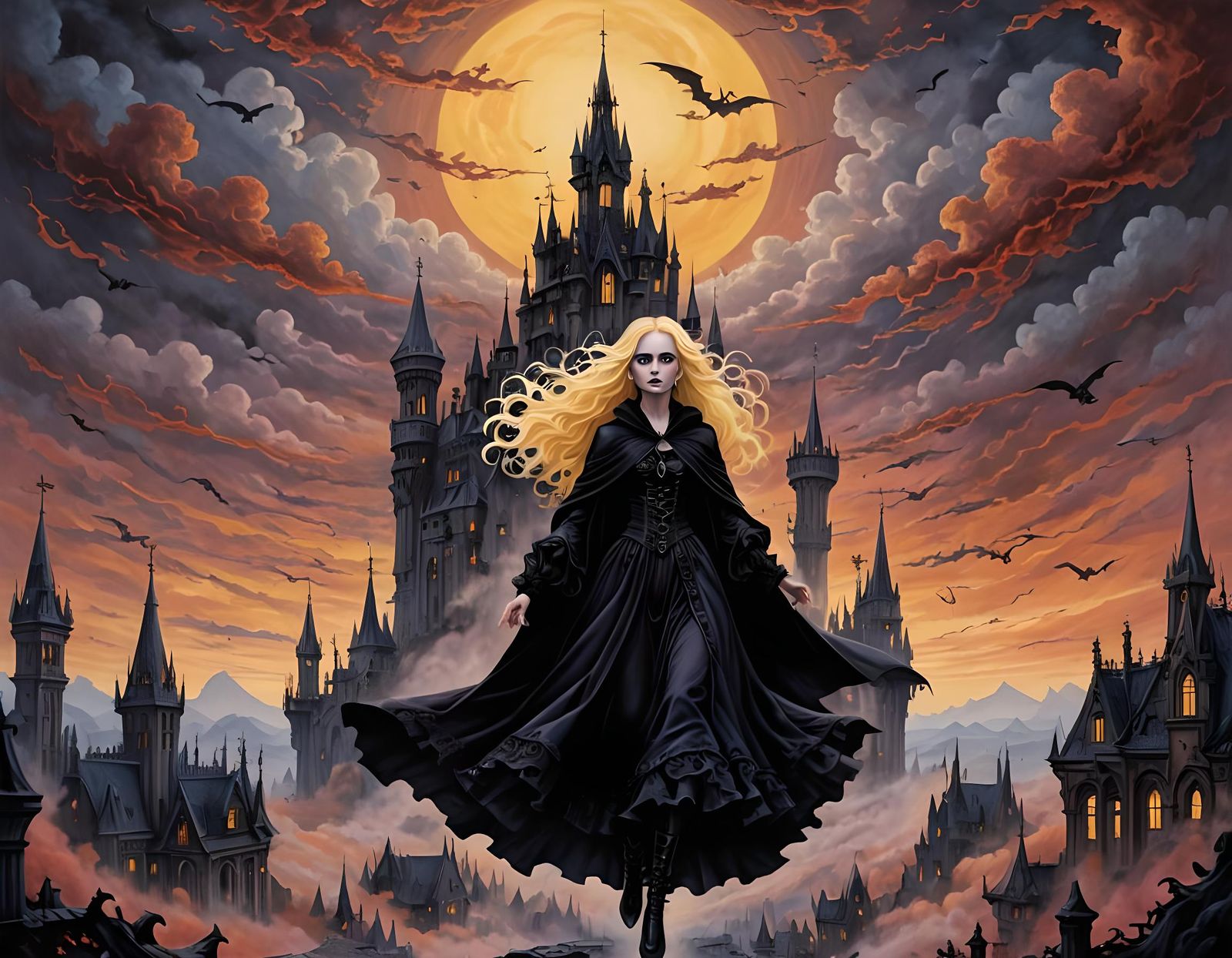 Gothic Girl Swinging Under Blood-Red Sky