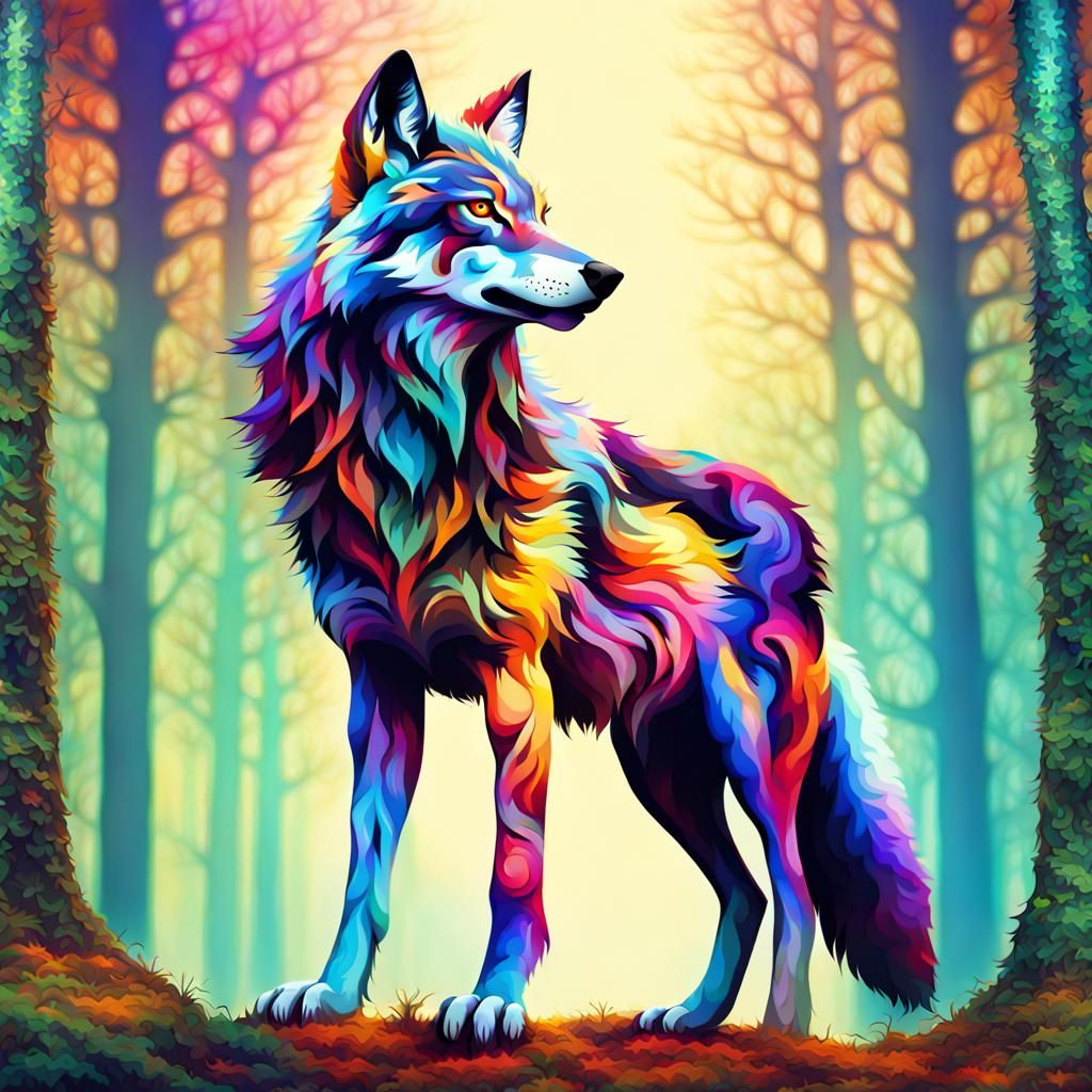 Colorful Fractal Wolf in Forest, Fantasy Art