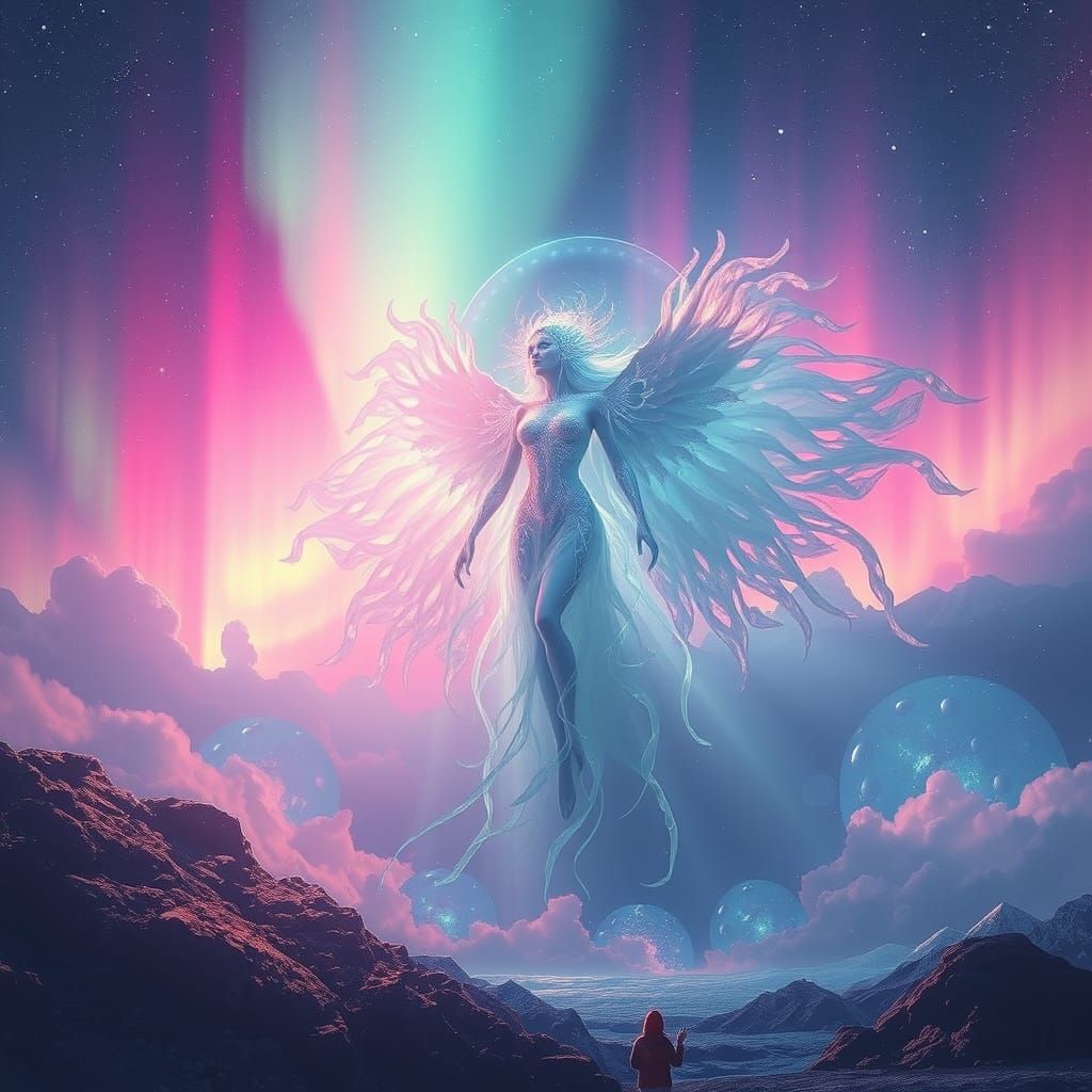 Ethereal Being in Dreamlike Aurora: Digital Art