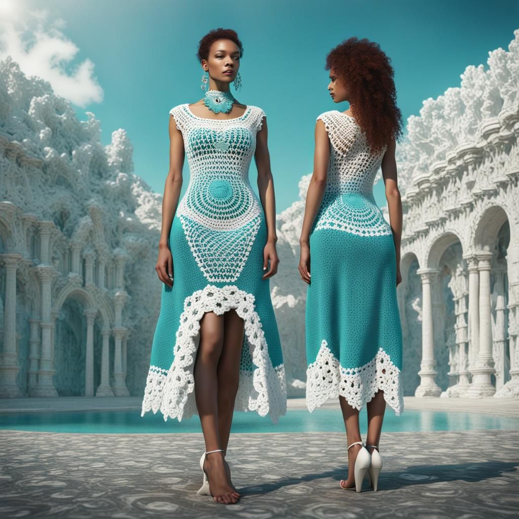 Turquoise and White Crochet Dress with Granny Squares