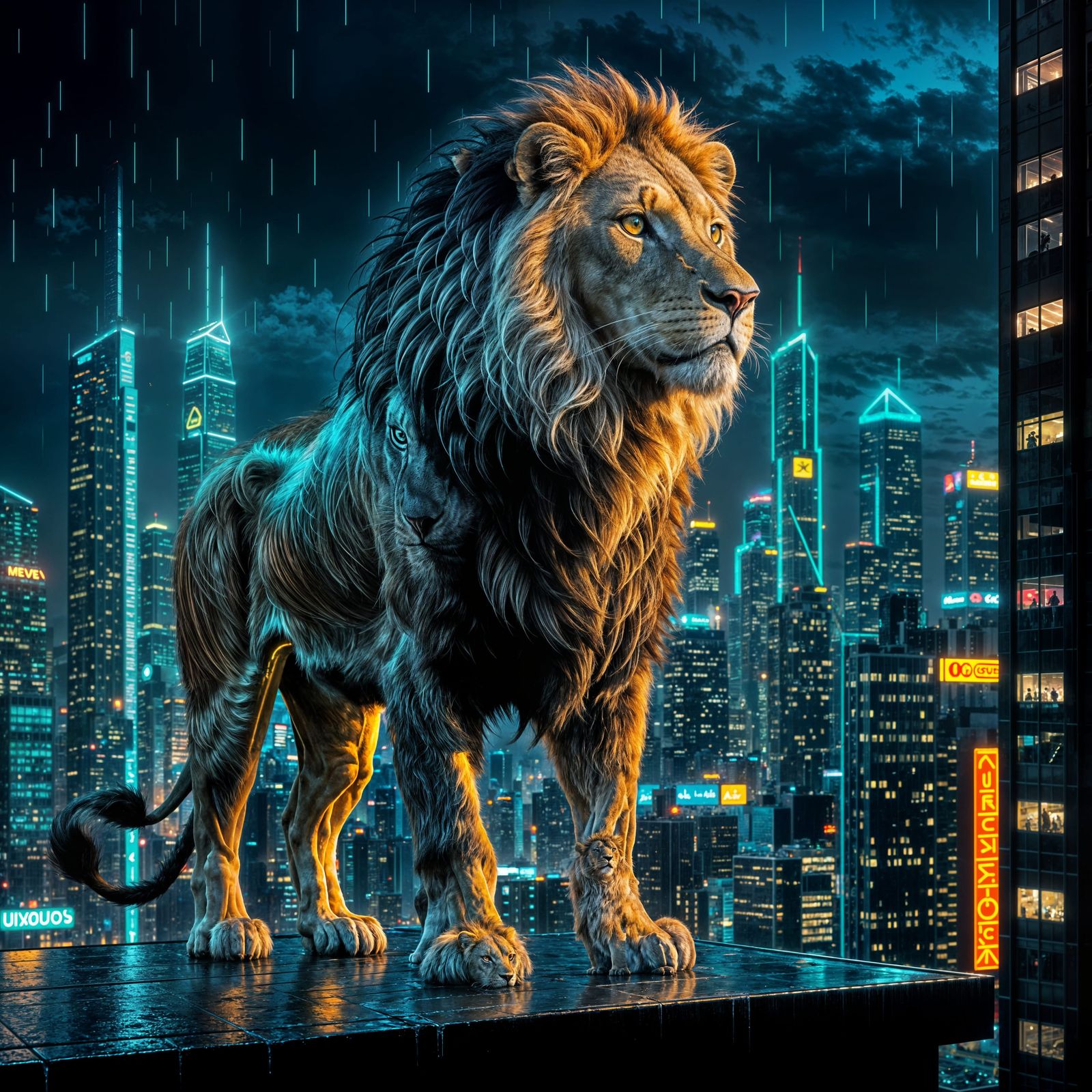 Neon Lion Overlooking Futuristic Cityscape