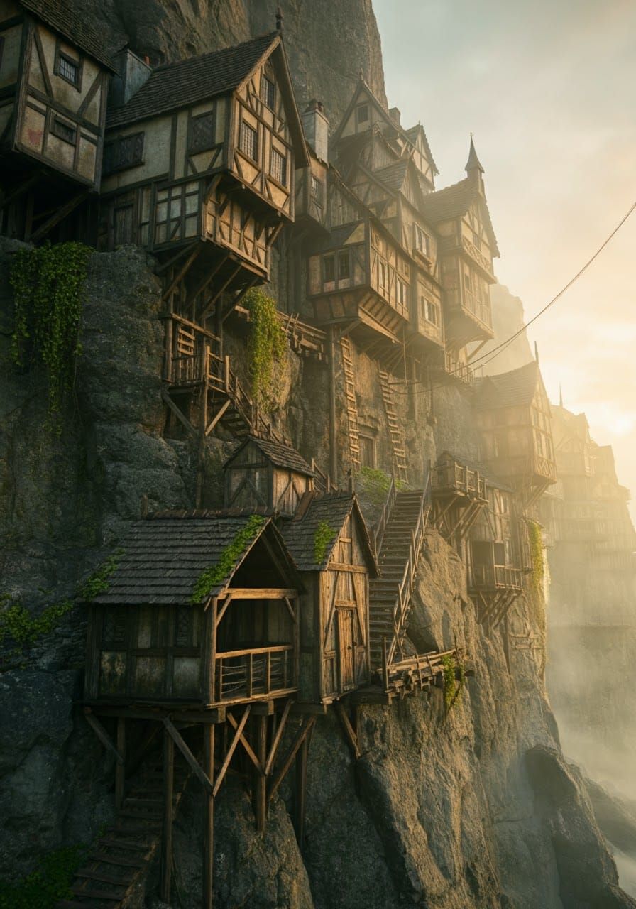 Cliffside Medieval Village at Magic Hour