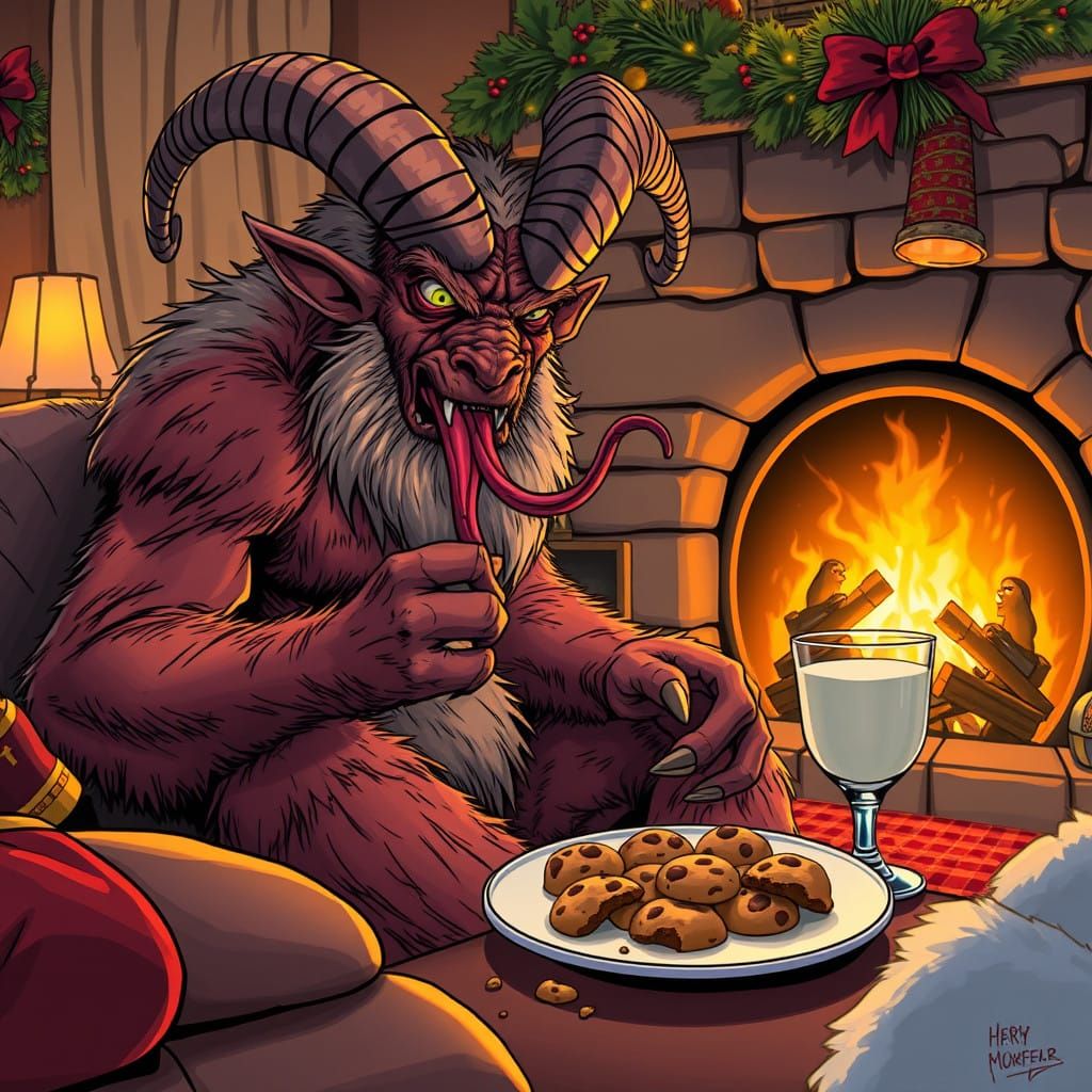 Krampus Devours Christmas Cookies in Cozy Living Room Scene